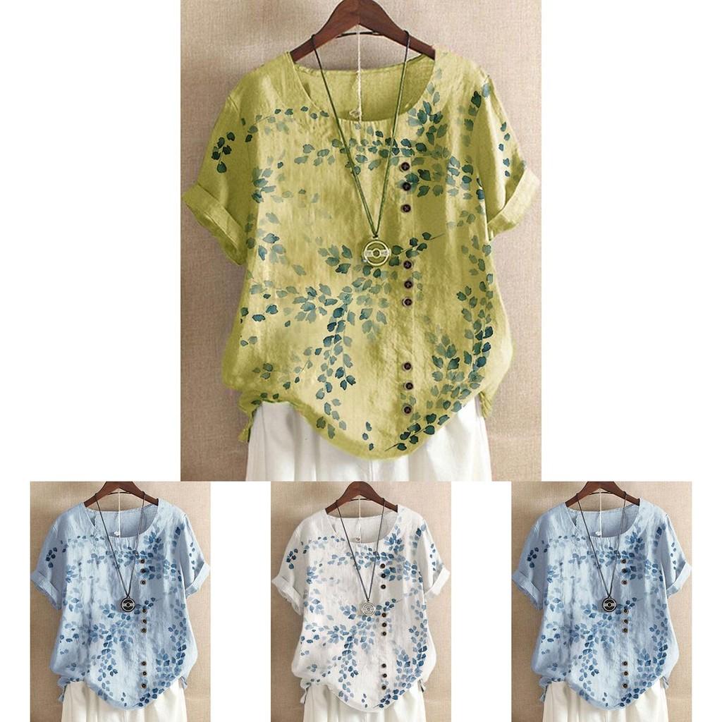 Women's Cotton Linen Floral Blouse With Short Sleeves For Summer Comfort