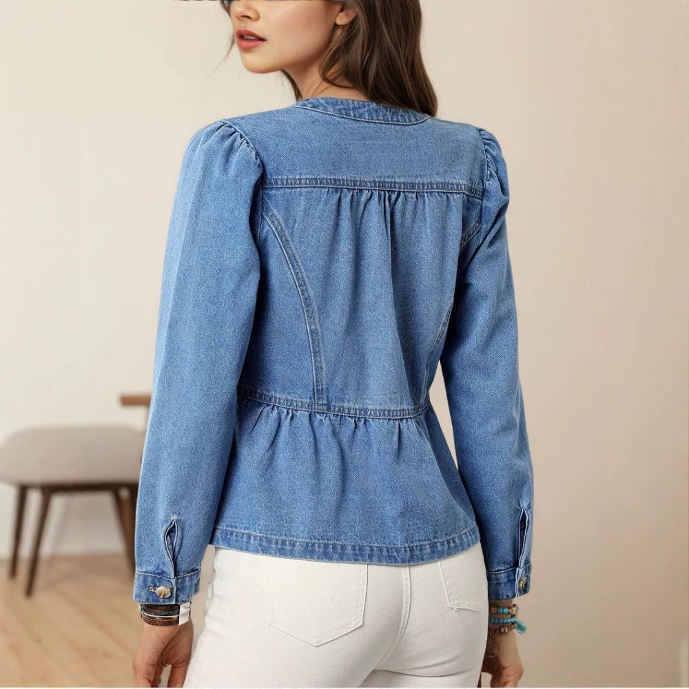 Women's Round Neck Long Puff Sleeve Denim Jacket Regular Fit Sweet Solid Color Cropped Blazer For Spring Daily Casual Outfit