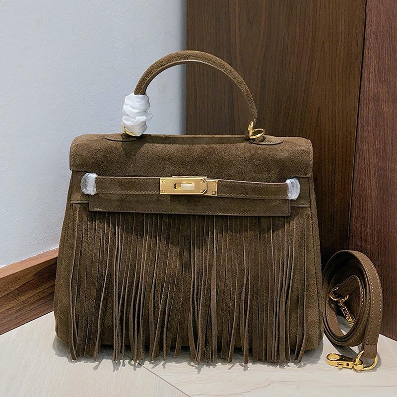 Autumn and Winter New First-layer Cowhide Suede Bag Genuine Leather Handbag Fringed Lock Commuter Shoulder Bag Women