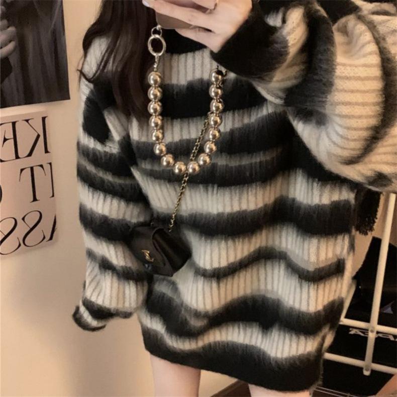 Loose Design Crewneck Pullover Knitted Sweater Color Contrast Long Sleeve All-match Sweater Women's Top