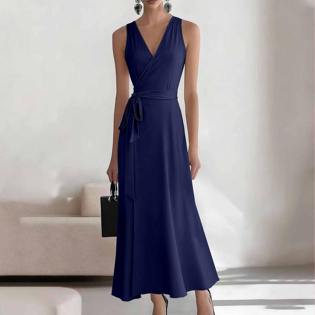 Women's Fashionable Color V-neck Lace Sleeveless Long Casual Dress