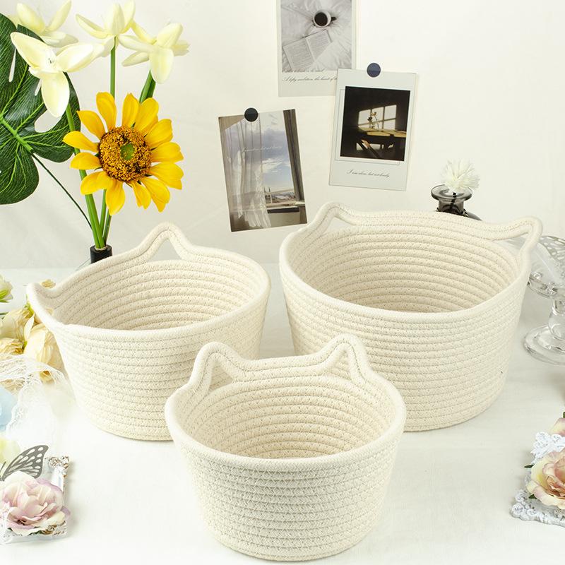 Cat Ears Desktop Storage Basket Handwoven Cartoon Storage Basket Living Room Key Cotton Rope Storage Basket Storage Basket