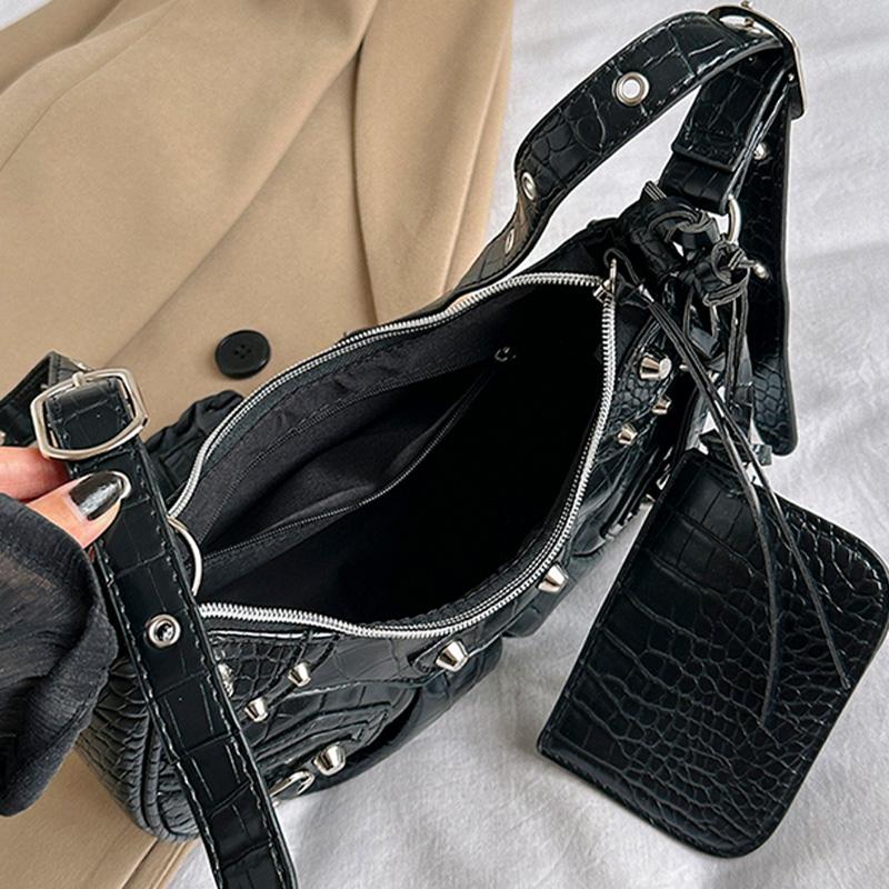 Fashion PU Shoulder Bag for Women Chic Rivet Design with Zipper & Free Mirror  Compact & Practical for Shopping and Traveling