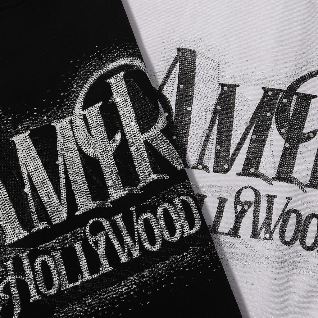 727 Amiri 2025 Letní Nové Pánské a Dámské Volné Vysoce Kvalitní Bavlněné Nadměrné Tričko Pár Tričko Horké stříbrné nápisy