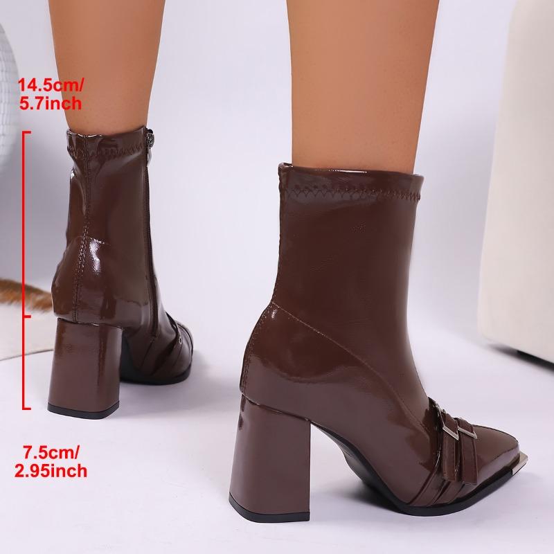 Spitze Zehenpartie Gürtelschnalle Stiefeletten Damen High Heel Reißverschluss hinten Erhöhtes Temperament Premium Blockabsatz Schuhe