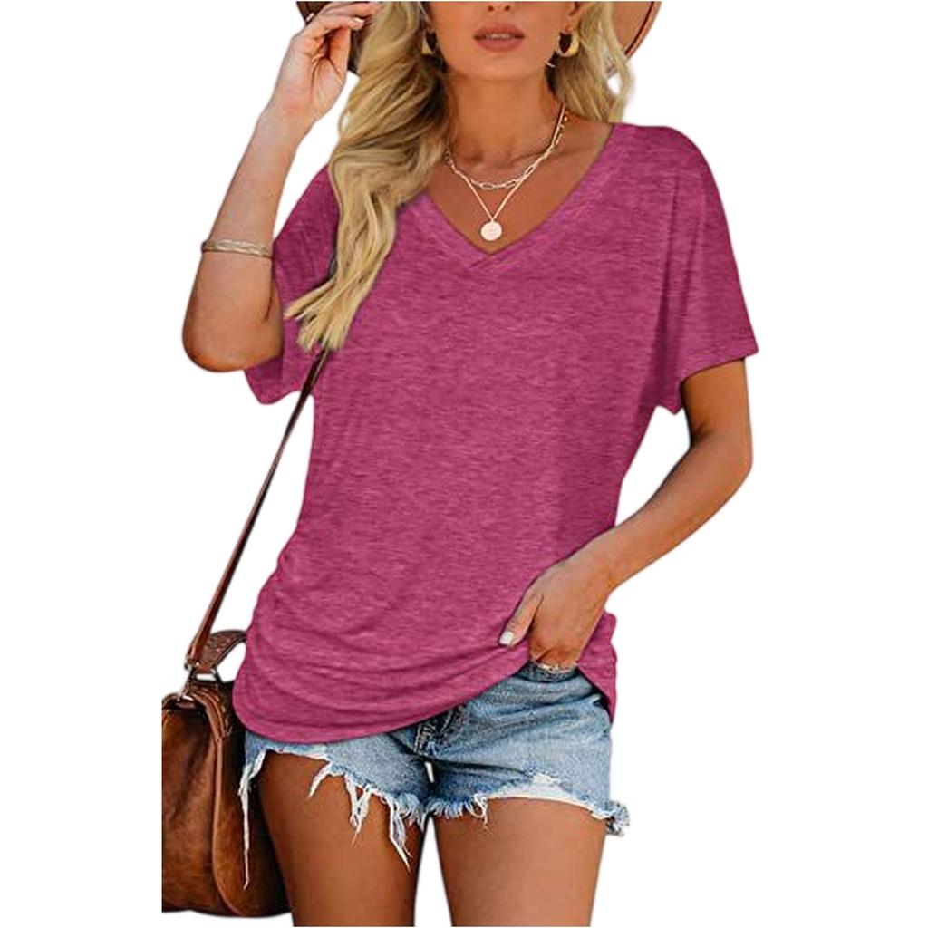 Damen Kurzarm V-Ausschnitt Oberteile mit seitlicher Raffung Bluse T-Shirt