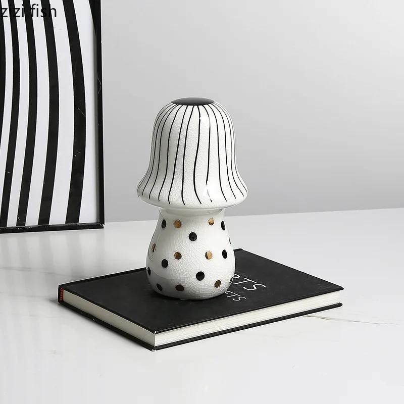 Modern Hand Painted Ceramic Round Dot Mushroom Statue Creative Abstract Crafts Sculpture Desktop Figurines Home Decor Ornaments