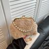 Fluffy Faux Fur Plush Handbag Pearl Shell Crossbody Bag Wrist Bag Clutch Purses  Women
