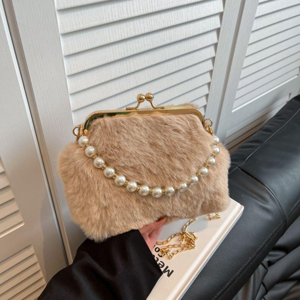Fluffy Faux Fur Plush Handbag Pearl Shell Crossbody Bag Wrist Bag Clutch Purses Women