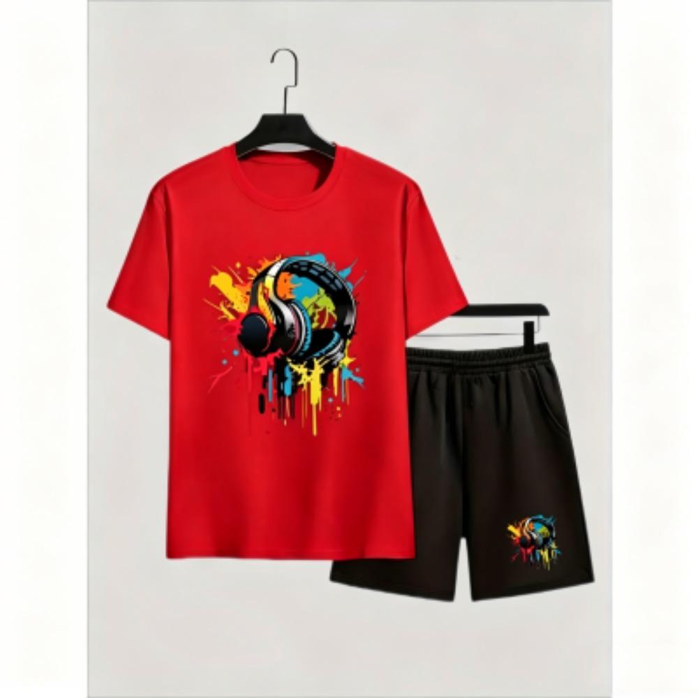Fashion Men's T-shirt Shorts Set Color Headphones Printed Short Sleeve Tops Shorts 2pcs Summer Men Women's Outdoor Casual T-shirt Sets