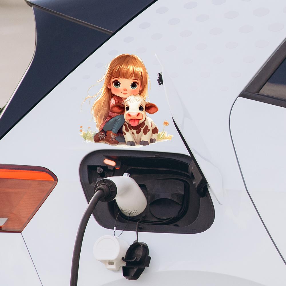 Cartoon Little Girl Cow Glass Car Background Beautification Decoration Stickers