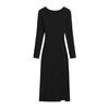 Spring 2026: Spicy Round Neck Long-Sleeve High-Slit Dress - Waist-Cinched, Solid Color, Hip-Hugging Design for Women