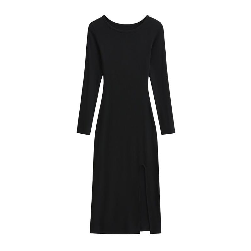 Spring 2026: Spicy Round Neck Long-Sleeve High-Slit Dress - Waist-Cinched, Solid Color, Hip-Hugging Design for Women