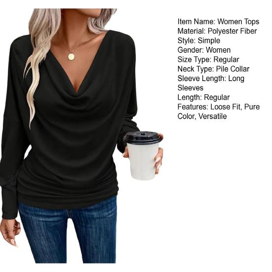 Women Tops Pure Color Stacked Collar Long Sleeve Loose Fit Blouse Mid-length Casual Inner Tops Daily Wear