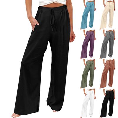 Linen Pants Women Comfy Flowy Wide Leg Pants Trousers Summer High Waisted Beach Palazzo Pants With Pockets