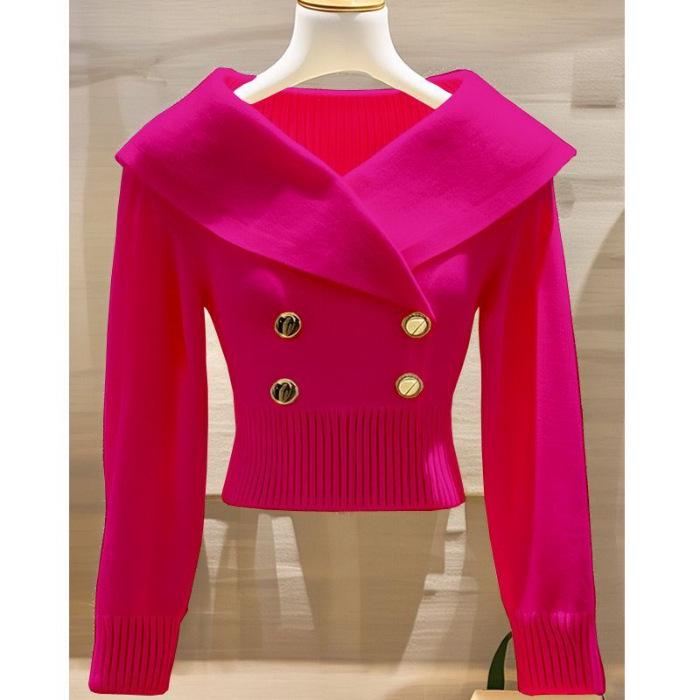 2026 Autumn/Winter French Chic White Lapel Knitwear: Women's Elegant, Waist-Cinched Slimming Sweater.