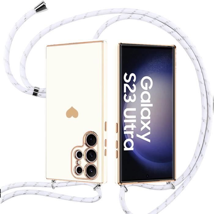 Coque - Booling - pour Samsung Galaxy S23 Ultra - Silicone Blanc - Antichoc - Avec Cordon