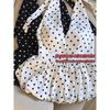 Backless Sexy Halter Beach Babydoll Crop Tops Women Polka Dots V Neck Sleeveless T Shirt Ruffles Basic Tees Not-Padded Pad