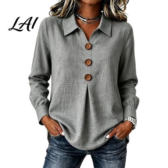 Comfortable Spring Autumn Blouses Women Button Down Shirt Blouse Long Sleeve V Neck Loose Flowy Wrinkle Resistant Moisture Wicking Shirts Breathable