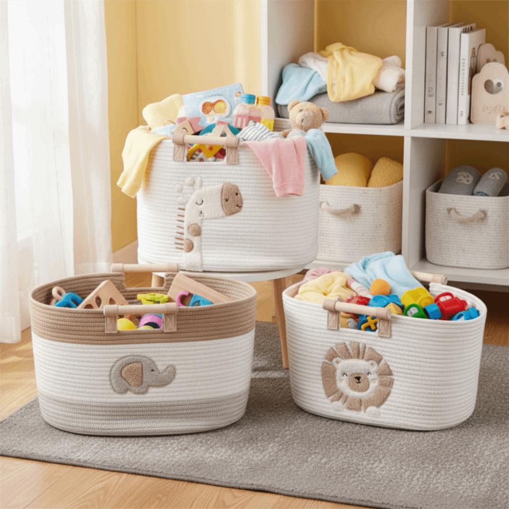 Cute Cotton Rope Storage Basket Cartoon Clutter Tidy Bin Toy Snack Organizer  for Living Room