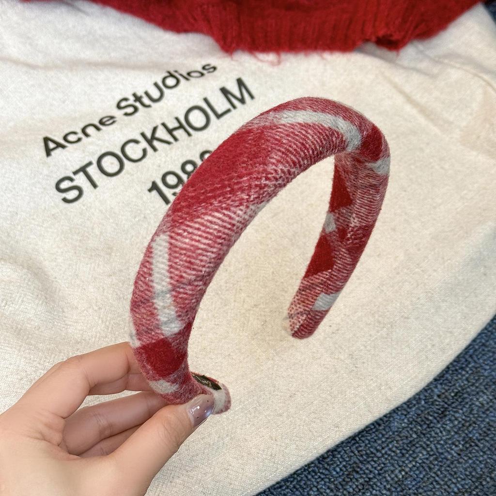 Women's Red Plaid Wool Wide-Brimmed Headband - Perfect for Christmas & New Year Outings