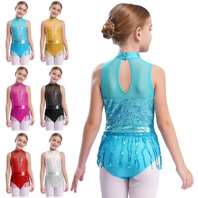 Mädchen Glitzernde Pailletten Quasten Tanzbody Ärmellos Schlüsselloch Rücken Patchwork Fransen Body Performance Kostüm