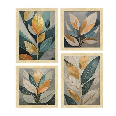 Peintures d'art botaniques en papier à feuilles dorées avec cadre pour décoration intérieure, peinture murale pour salon, multicolore, lot de 4