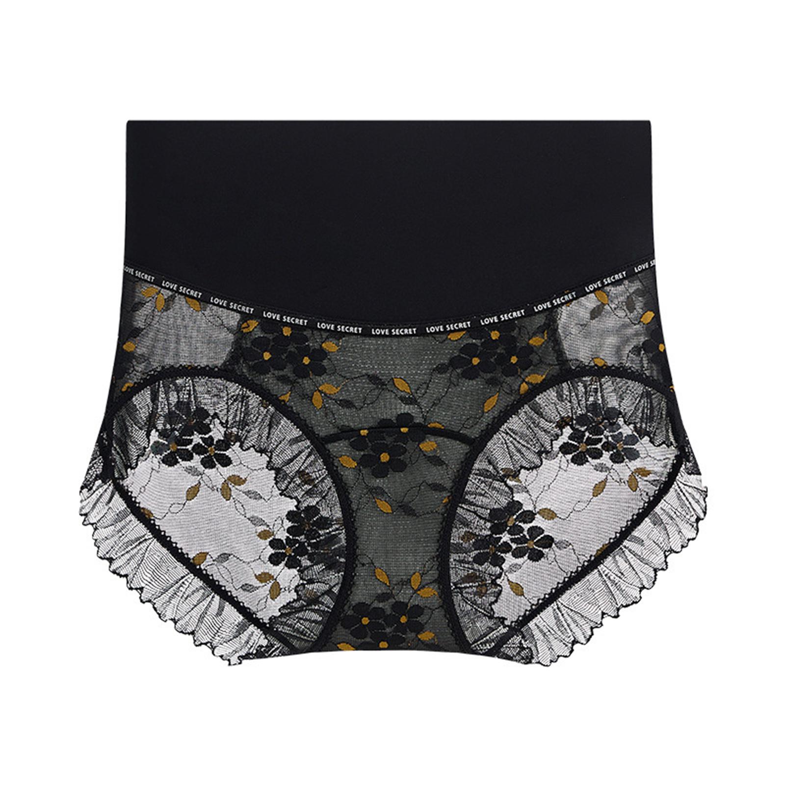 

High Waist Lace Floral Pattern Sheer Mesh Briefs for Women with Elastic Waistband and Scalloped Trim Design Underwear L чорний