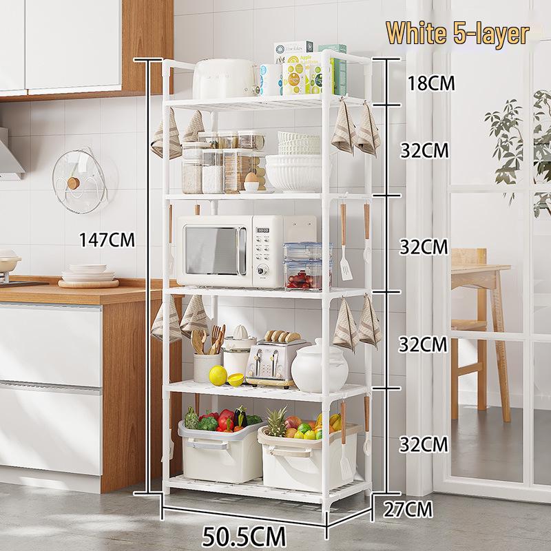 Multi-layer Kitchen & Bathroom Floor Storage Rack: Punch-free, Microwave Oven Compatible Shelves.
