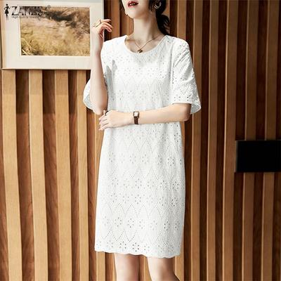 Women Casual Round Neck Lace Crochet Patchwork Summer Short Sleeve Dress