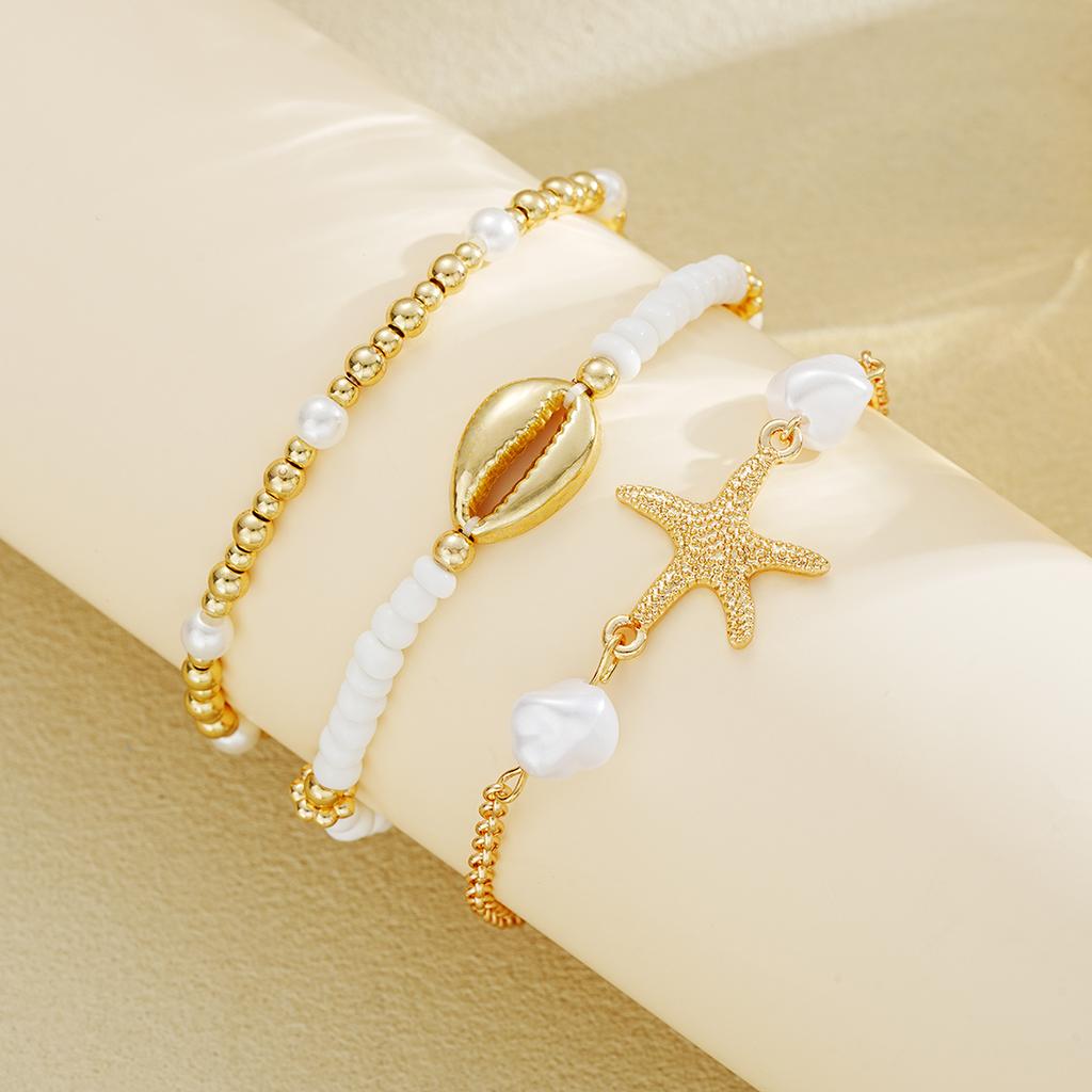3pcs Fashionable Romantic Beach Women's Starfish Shells, Rice Artificial Pearl Ankle Chains