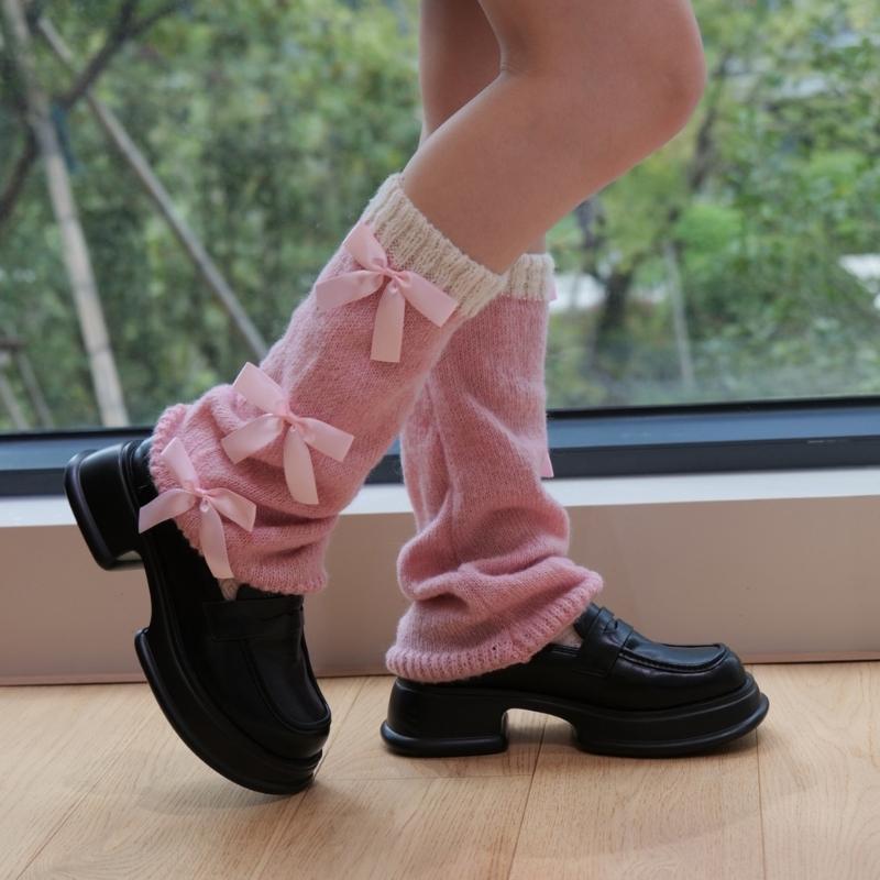 Stylish Flared Leg Warmers With Lace Bows Design Soft Acrylic Fabric Slimming Leggings For Costume Parties