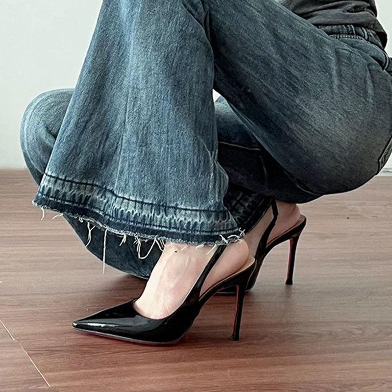 New Red Background, Black Patent Leather Pointed Tip Thin Heel Royal Sister Sexy High Heels Femininity Bag Head Sandals