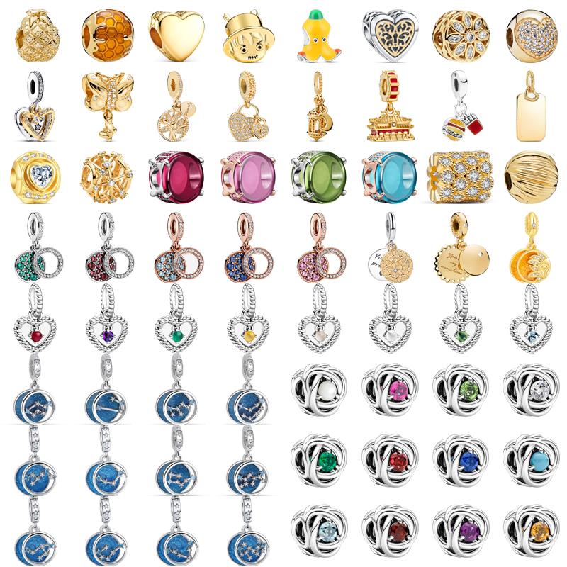 925 Sterling Copper Colorful Zircon Month Star Sign Zodiac Pendant Golden Beads Fit Original Pantaro Charms Bracelet DIY Zircon