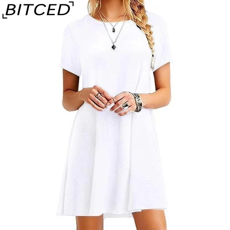 

BITCED Жіноча мода літо весна одноколірні повсякденні сукні з коротким рукавом і круглим вирізом S білий