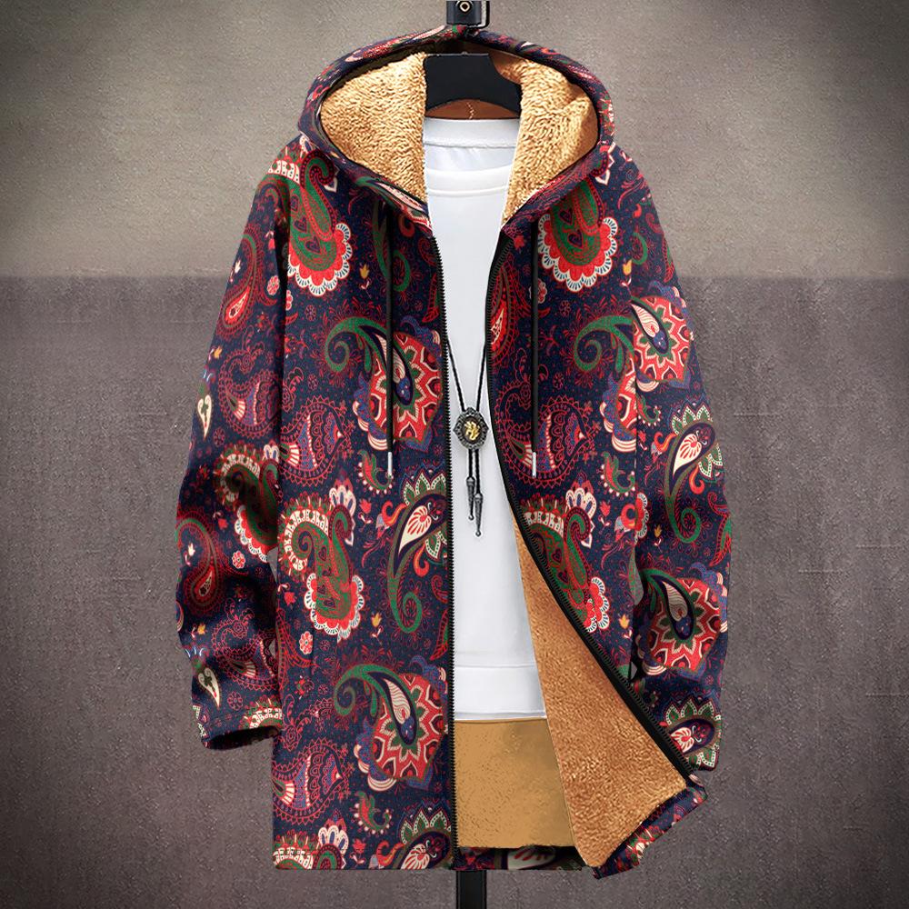 New jacket: multi-colored pattern elements, zipper hooded cardigan, thickened winter fleece padded clothes, yellow lining, trendy cotton clothes
