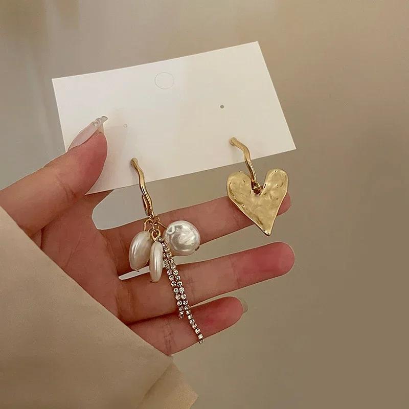 Trending Baroque Heart Tassel Drop Earrings New Design Fashion Asymmetric Imitation Pearl DangleEarring for Woman Party Jewelry