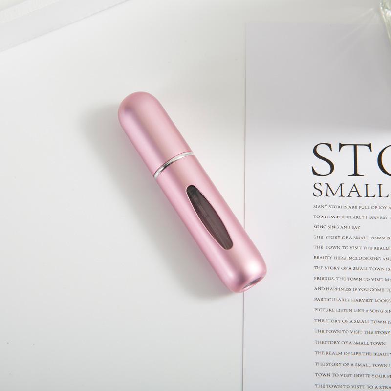 Portable 5ml Refillable Perfume Spray Bottle with Easy-View Window 5ml; Matte Pink; Plastic + Electroplated Aluminum