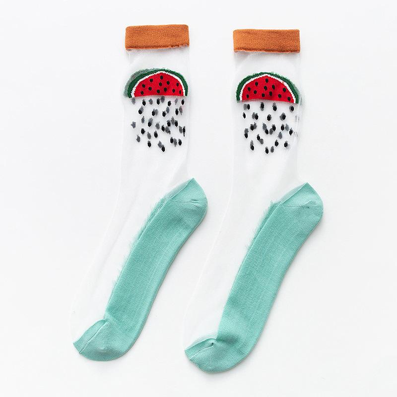 Women Thin Transparent Socks Crystal Glass Silk Socks Ladies Sweet Fruit Strawberry Avocado Peach Watermelon Summer Mesh Socks