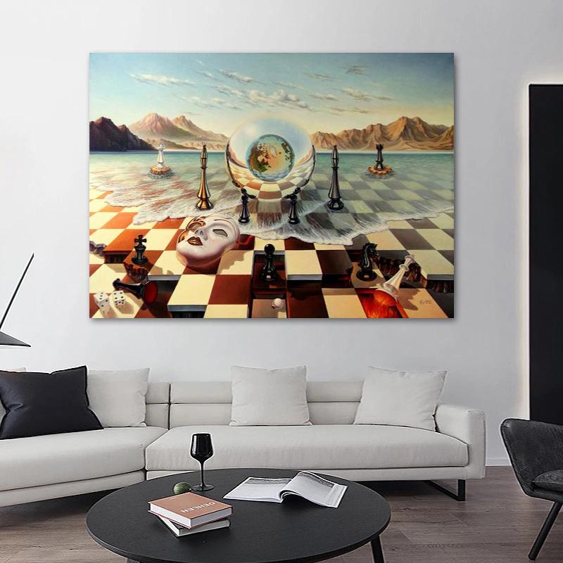 Salvador Dali Surrealism Chess Mask On Sea Canvas Painting Abstract Posters and Prints Wall Art Pictures for Home Decor