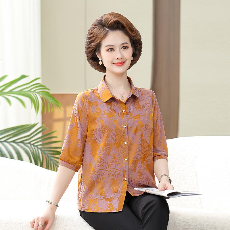 

Mom s Stylish Mid-Sleeve Chiffon Blouse - Summer Fashion for Middle-Aged Women 4XL (135-150 Jin) шампанского