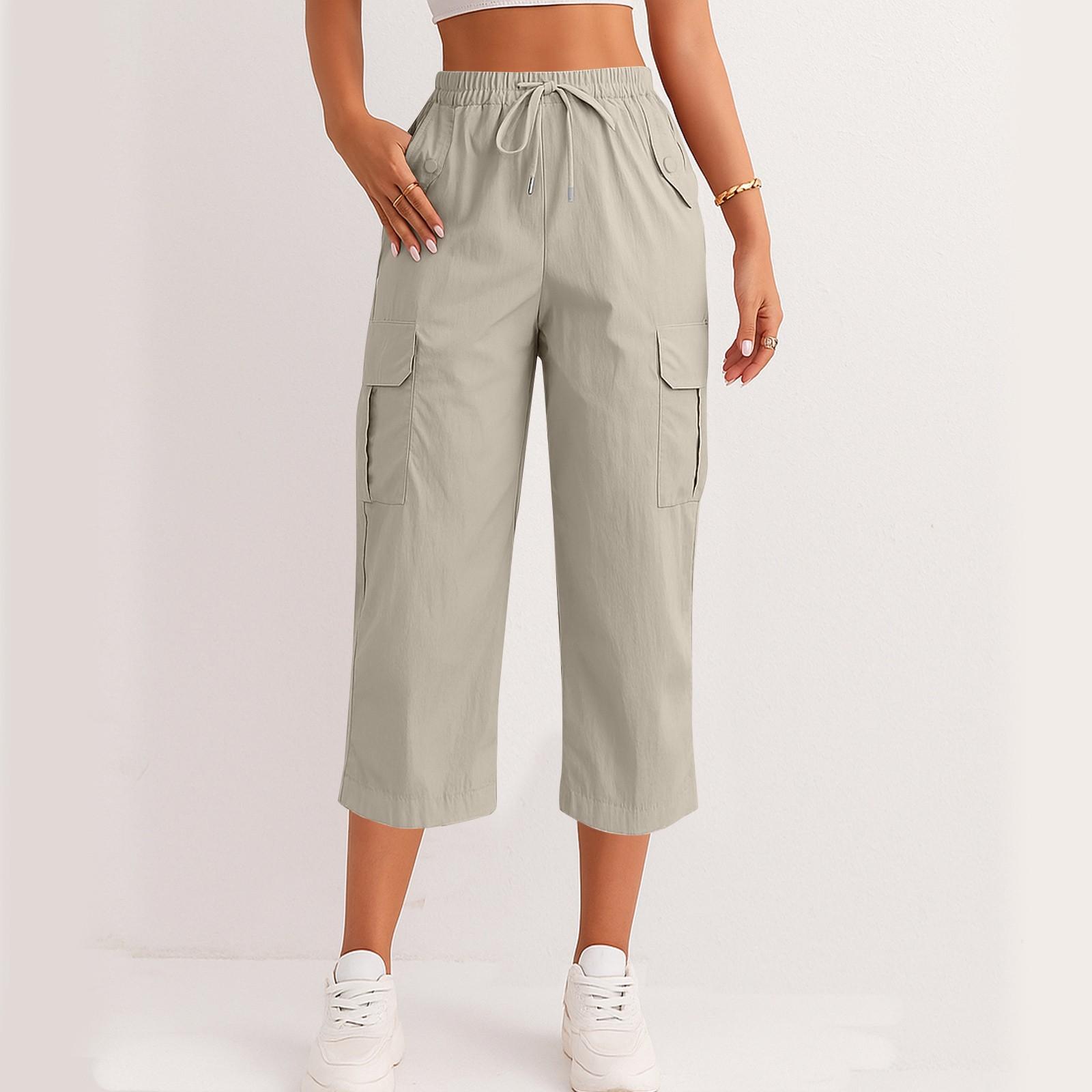 

Женские модные брюки на кулиске с накладным карманом, однотонные брюки-капри, рабочие брюки S хаки