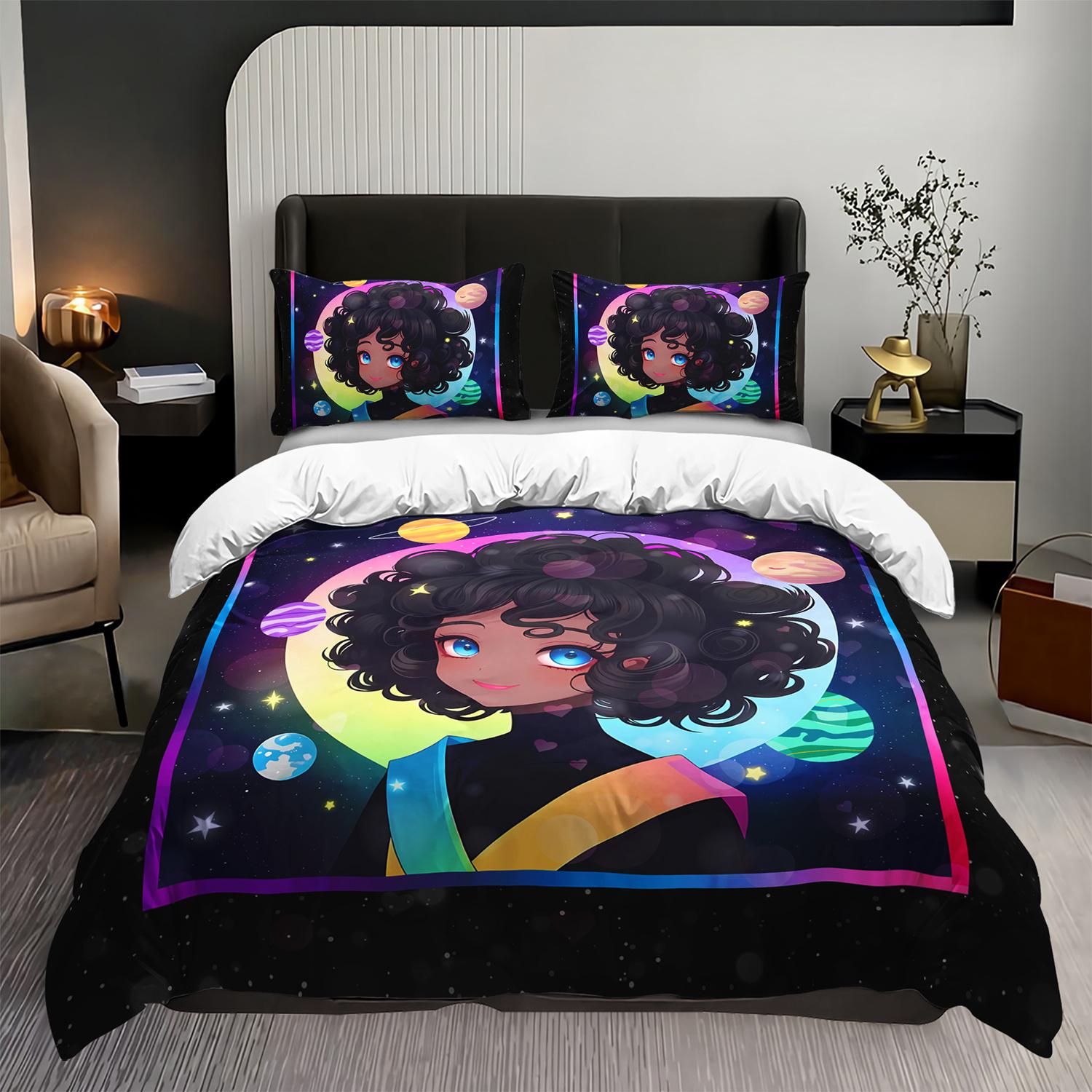 

3pcs for galaxy Anime Girl Duvet Cover Set Space Cartoon Bedding Set Teen Girls Bedroom Decor Four Seasons US Twin(172x218cm)