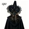 Pointed Witch Hat Halloween for Women, Velvet Wizard with Ruffle Costume Accessory Brim And Bow Party, Masquerade, Cosplay