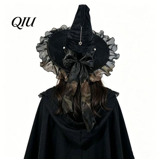 Pointed Witch Hat Halloween for Women, Velvet Wizard with Ruffle Costume Accessory Brim And Bow Party, Masquerade, Cosplay