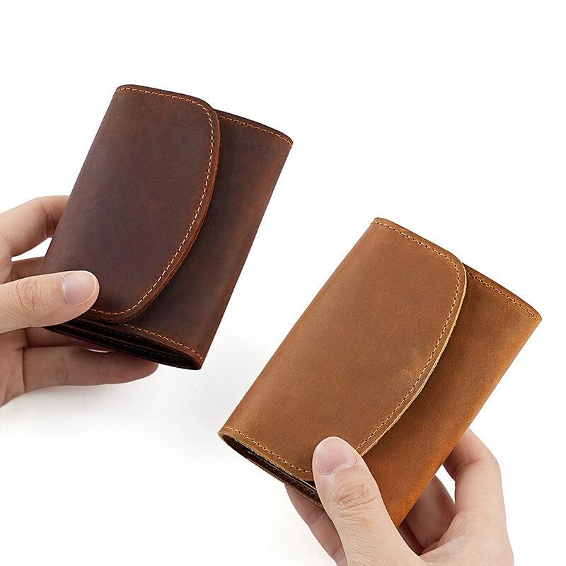 Retro Crazy Horse Leather Small Zipper Pouch Compact Lid Button Coin Key Wallet Pocket Money Bag