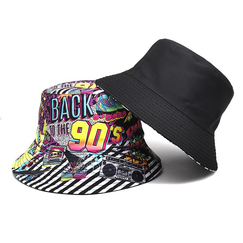 90'S Classic Print Sunscreen Panama Women Men Summer Sun Production Decorate Fisherman Hats Unisex Reversible Bucket Hat Hiphop