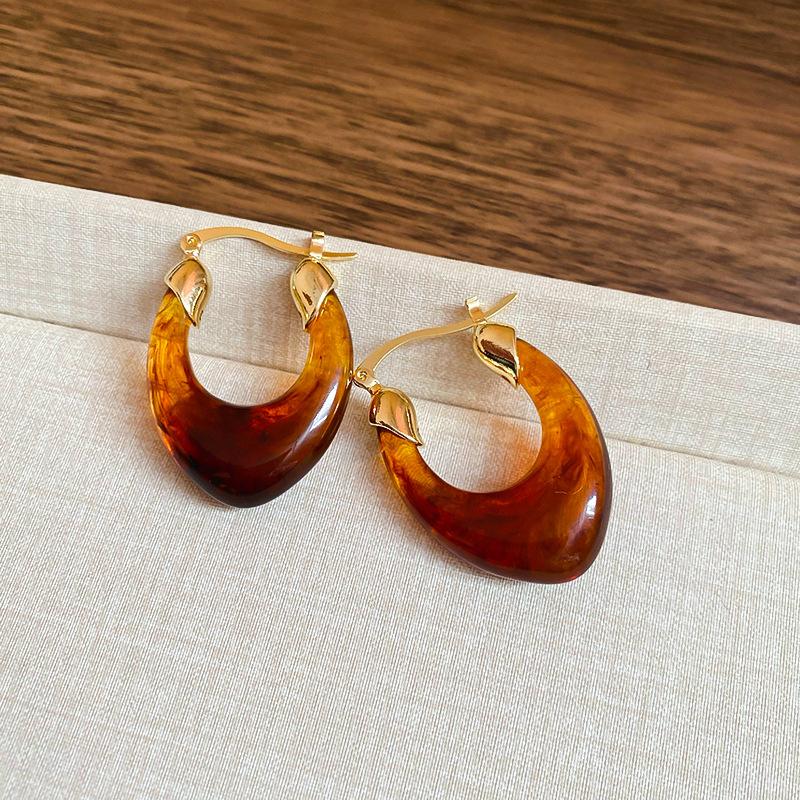 Retro Oval Resin U-shaped Ear Buckle Design Fashion Hoop Earrings Light Luxury Temperament  Accessories for Women