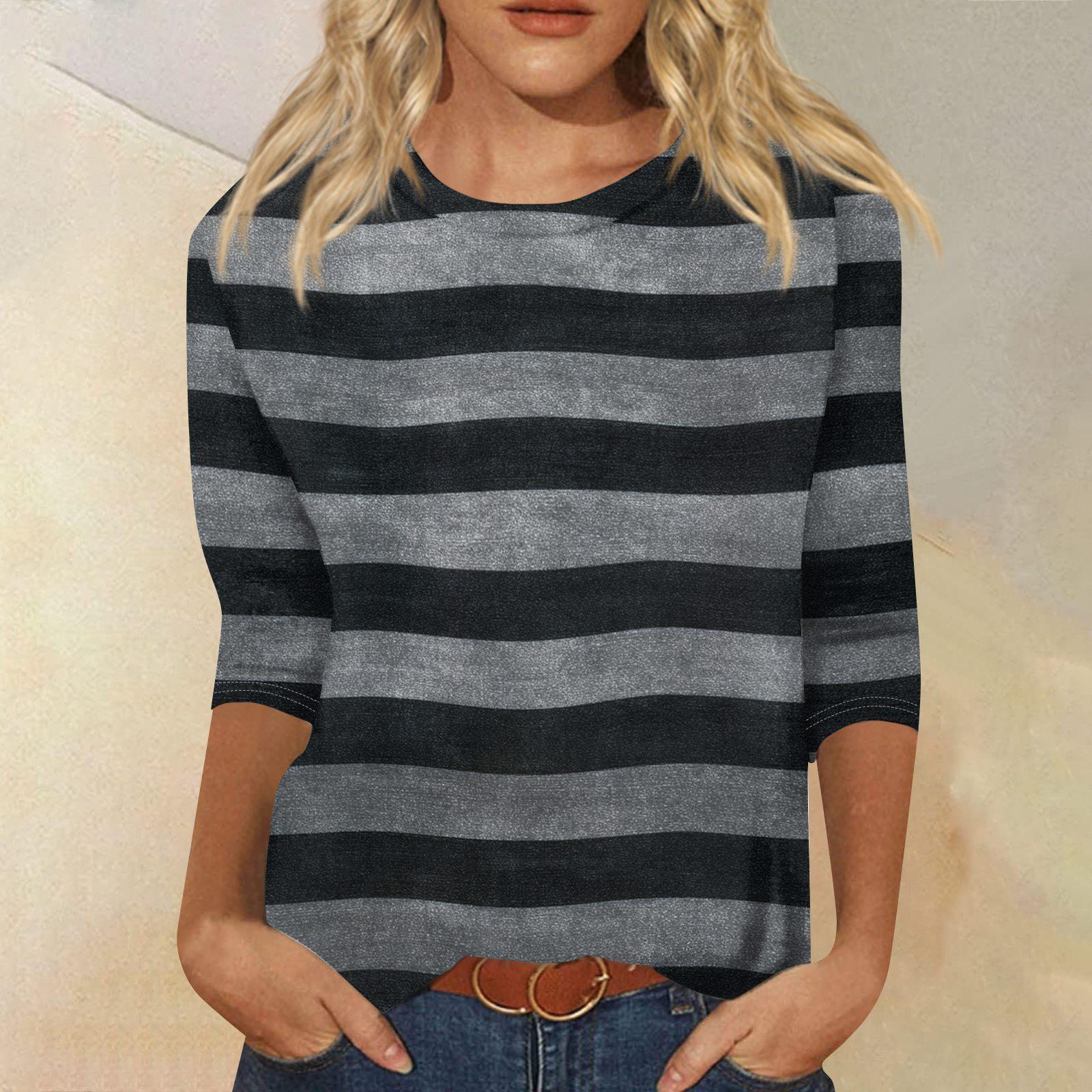 

Women s Fashionable Casual Round Neck Three,quarter Sleeve Striped Printed T,shirt Top XXL чорний