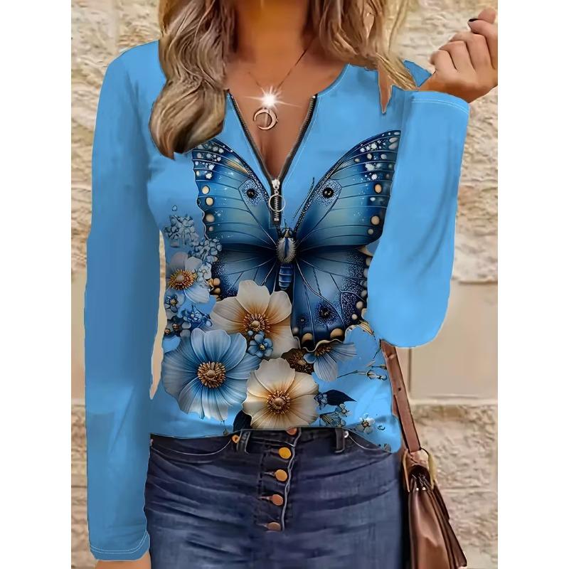 Women's spring and autumn fashionable long-sleeved zipper T-shirt - 3D full body digital printing design party wear